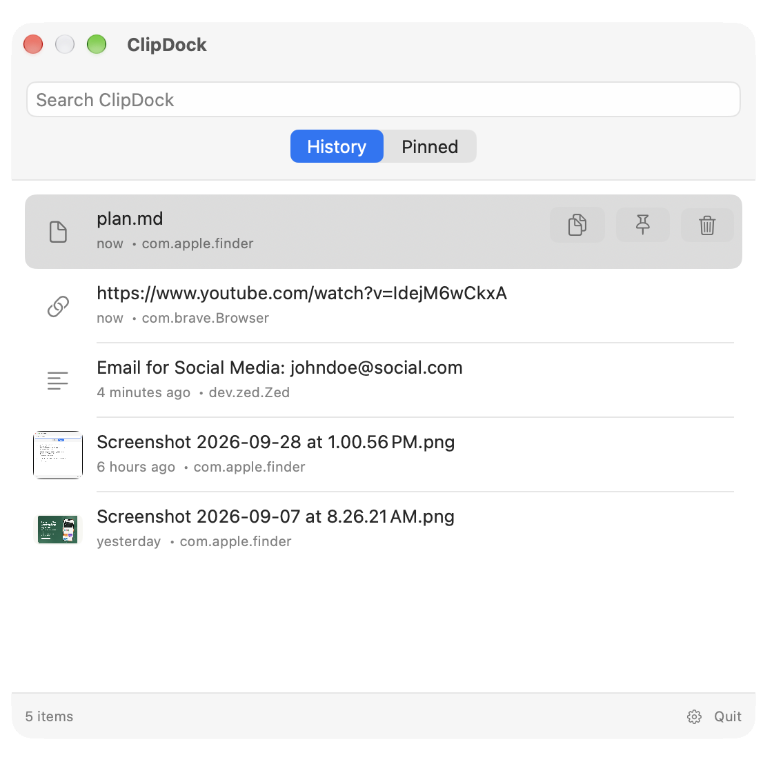 ClipDock History view showing recent clipboard items