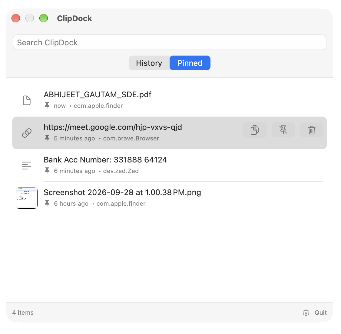 ClipDock Pinned view showing saved clipboard items